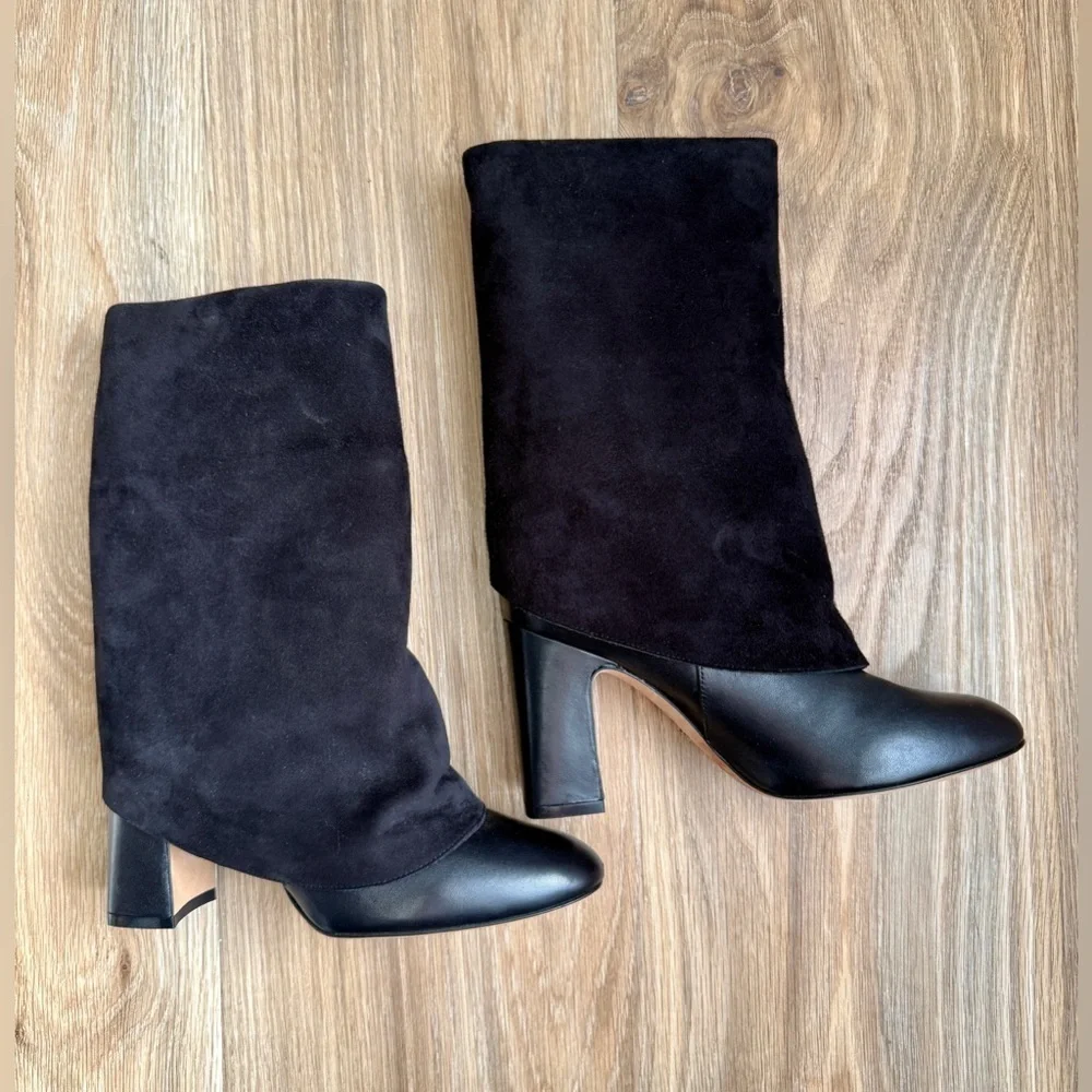 STUART WEITZMAN Lucinda Black Suede & Leather Fold-Over Boots